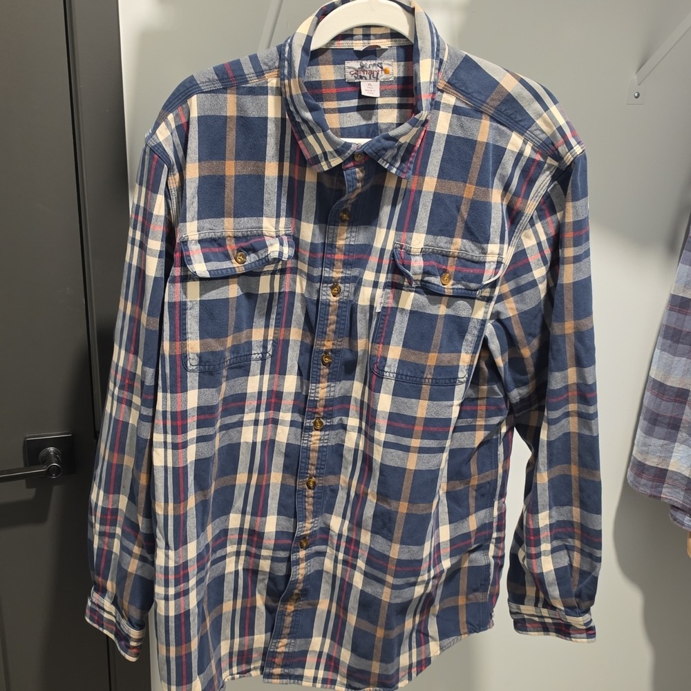 Carhartt Men's XL Tall Blue Beige Red Plaid Flannel Long Sleeve Button-Up Shirt